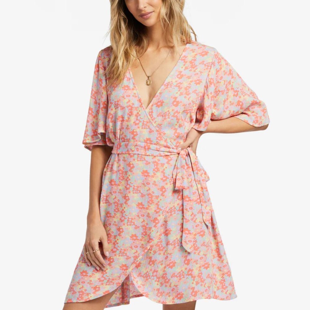 NWT New Billabong All For You Mini Dress Extra Small XS Floral Beach Soft Wrap